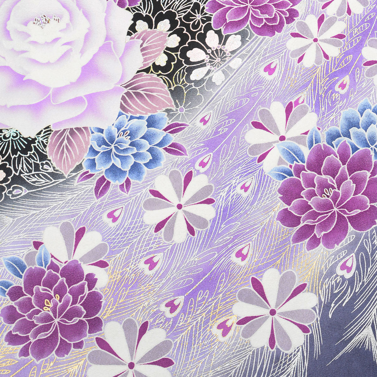 振り袖　正絹　辻が花孔雀柄　未使用品 振袖：R599 黒 薔薇に孔雀(絹)│ 振袖レンタル │ 京都着物レンタル夢館