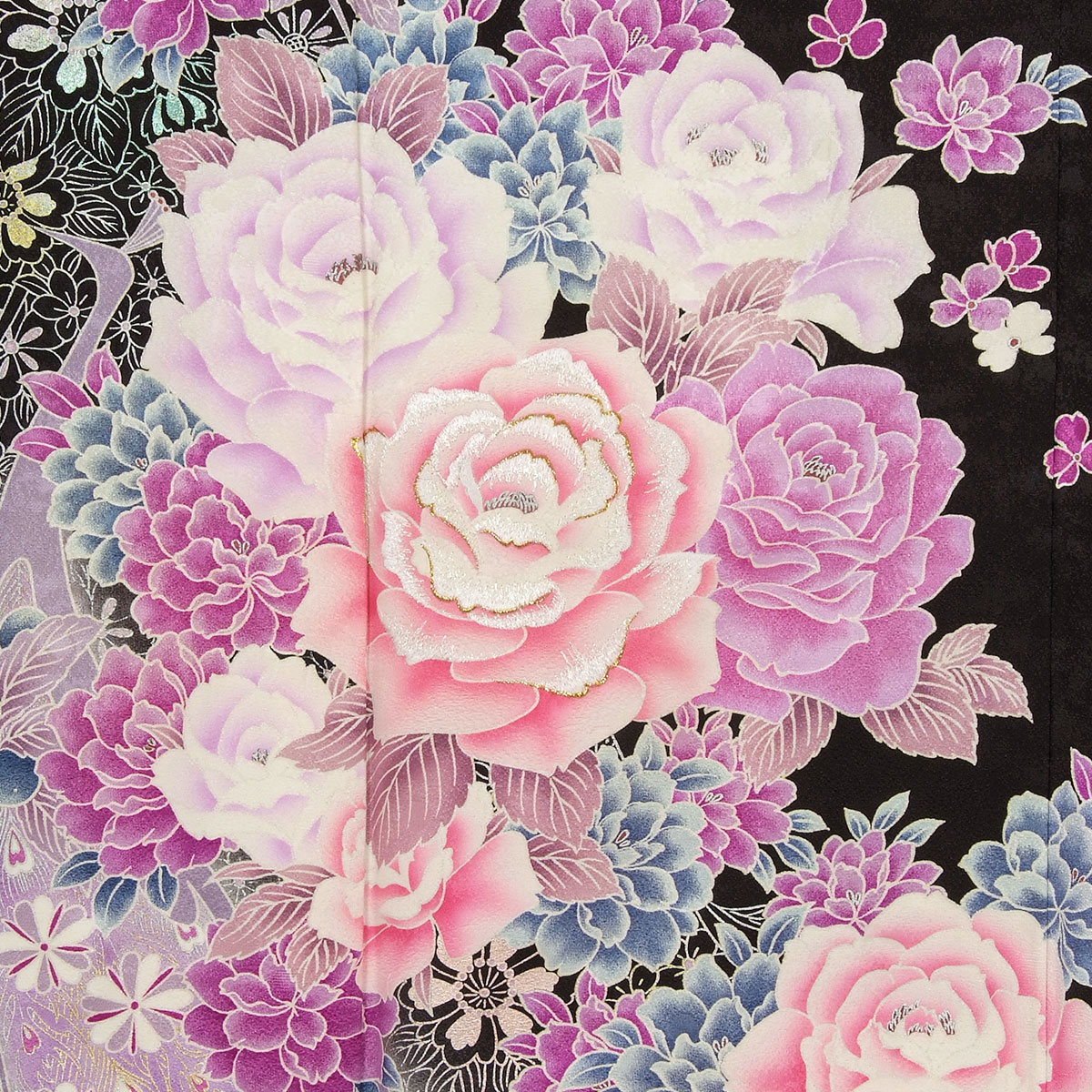 振袖：R599 黒 薔薇に孔雀(絹)│ 振袖レンタル │ 京都着物レンタル夢館