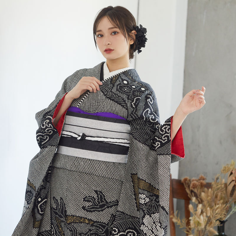 振袖：R702 黒 総絞り 波頭に牡丹☆(絹)│ 振袖レンタル │ 京都着物