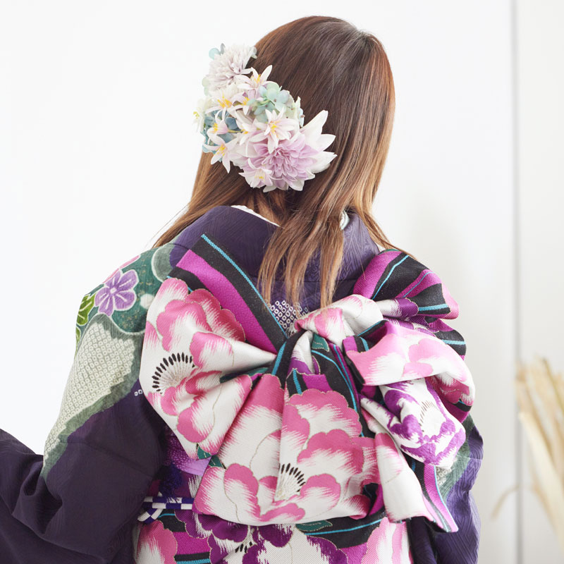 振袖：R708 紫紺 道長取七宝に菊牡丹☆(絹)(宅)│ 振袖レンタル