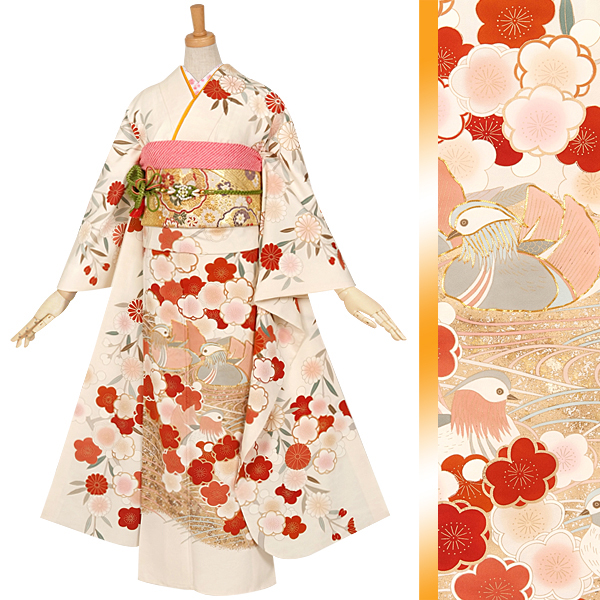 振袖 身長159-174cm 白 牡丹、菊、桜、楓、竹、梅 正絹 楽天市場】【成人式 振袖 レンタル】RS2134 正絹 白金 牡丹に