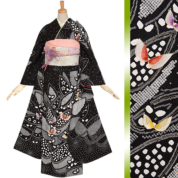 振袖 黒とオリーブグリーン 蝶と花の刺繍 振袖 花と蝶 金糸 緑×黒 - メルカリ