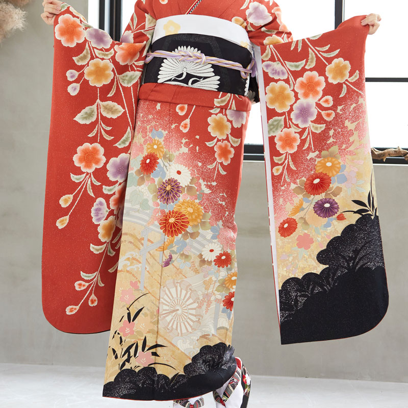 正絹振袖/紅型風15点セット 振袖：R756 赤 桜菊花に水車☆(絹)(宅)│ 振袖レンタル │ 京都着物