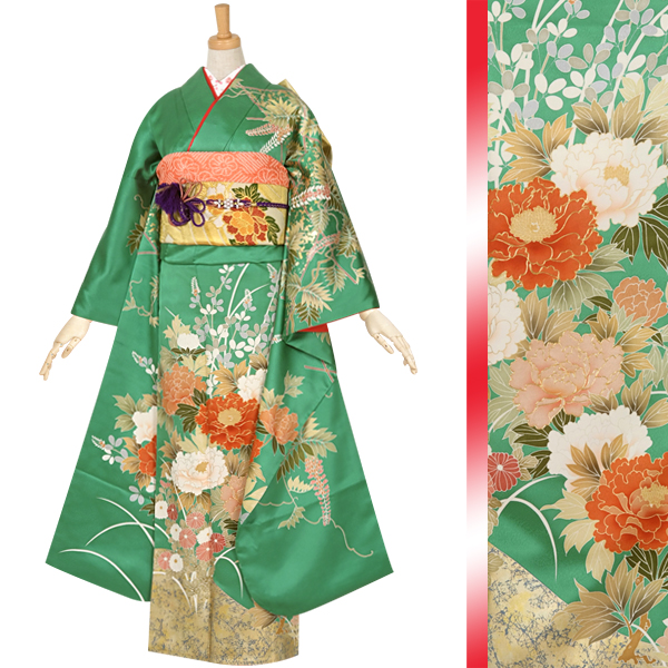 振袖：R770 緑 緑風牡丹に四季花☆(絹)(袴）│ 振袖レンタル