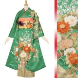 振袖：R770 緑 緑風牡丹に四季花☆(絹)(袴）│ 振袖レンタル │ 京都