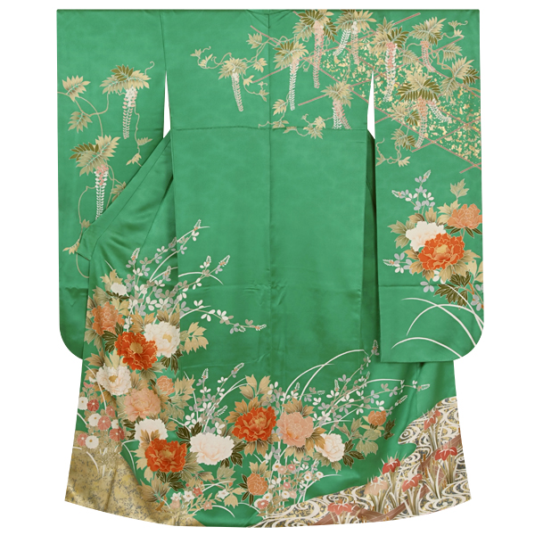 振袖：R770 緑 緑風牡丹に四季花☆(絹)(袴）│ 振袖レンタル │ 京都