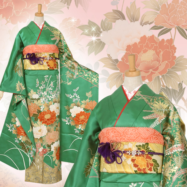 振袖：R770 緑 緑風牡丹に四季花☆(絹)(袴）│ 振袖レンタル │ 京都