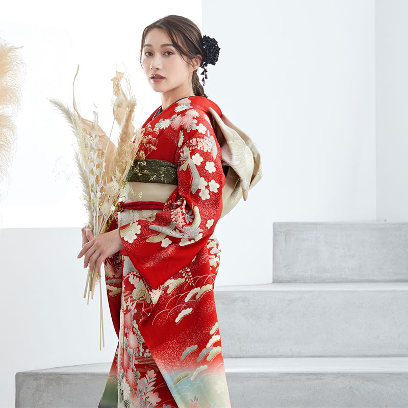 振袖：R771 赤 松に四季花☆(絹)(宅)│ 振袖レンタル │ 京都着物