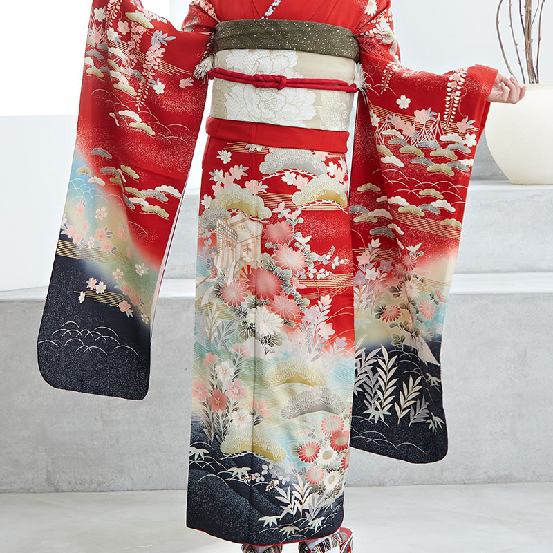 振袖：R771 赤 松に四季花☆(絹)(宅)│ 振袖レンタル │ 京都着物