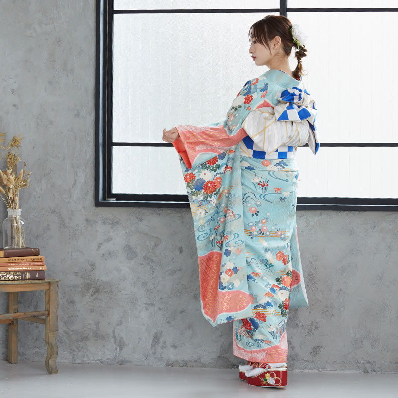 振袖:R773 水色 霞に茶屋辻模様☆(絹)(宅)│ 振袖レンタル │ 京都 振袖:R773 水色 霞に茶屋辻模様☆(絹)(宅)│ 振袖レンタル │ 京都