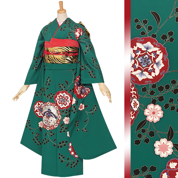振袖：R776 【訳あり】グリーン 唐花華文☆(絹)(宅)│ 振袖レンタル