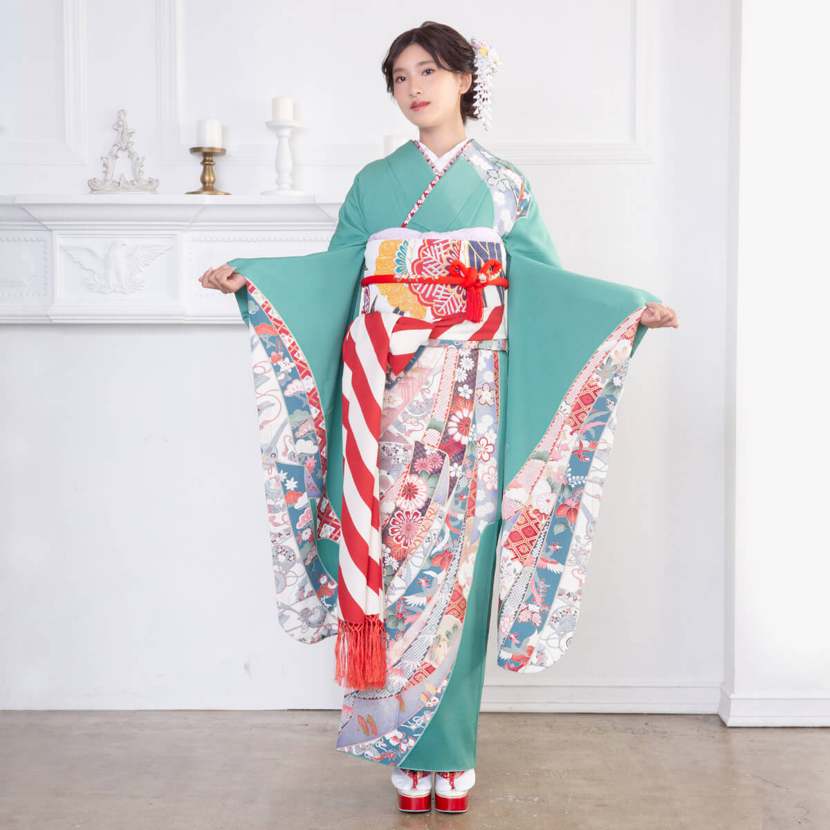 訪問着フルセット 辻が花 着物 正絹 豪華 地紋 薄緑 m1 訪問着フルセット