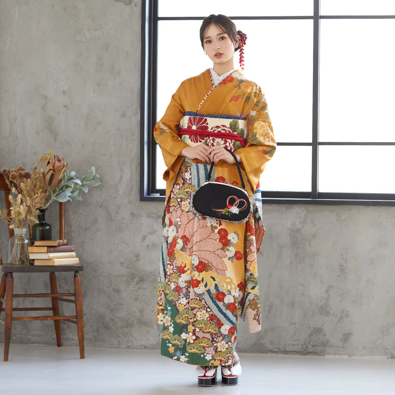 ヴィンテージ☆ママ振り朱赤紗綾形文様金彩御所車絞り模様振り袖フルセット