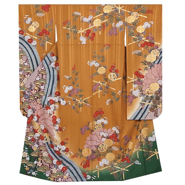 振袖８ 振袖：R792 金茶 金彩波に菊花☆(絹)│ 振袖レンタル │ 京都着物