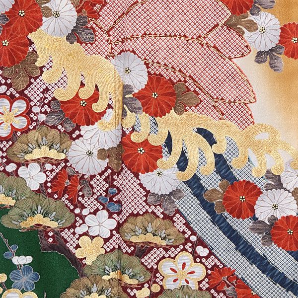 振袖：R792 金茶 金彩波に菊花☆(絹)│ 振袖レンタル │ 京都着物