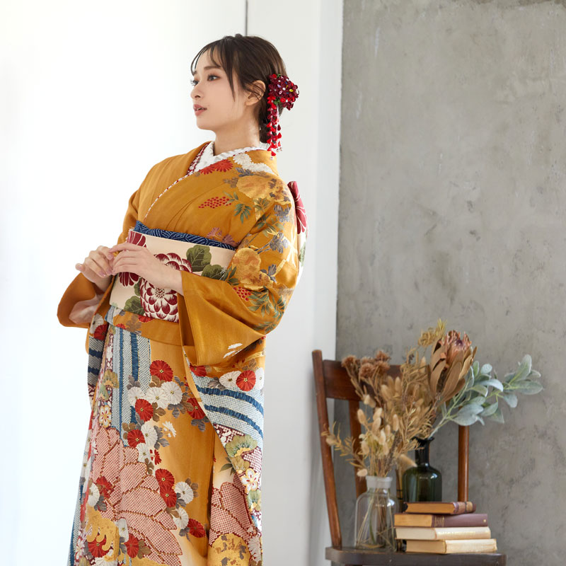 振袖：R792 金茶 金彩波に菊花☆(絹)│ 振袖レンタル │ 京都着物