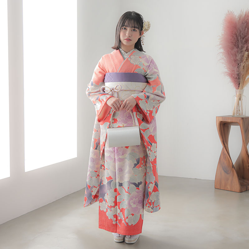 振袖：R794 コーラル 絞り 梅と牡丹☆(絹)│ 振袖レンタル │ 京都着物