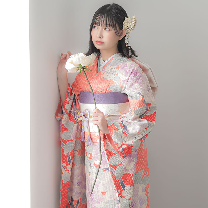 振袖：R794 コーラル 絞り 梅と牡丹☆(絹)│ 振袖レンタル │ 京都着物
