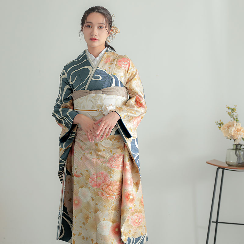 振袖 正絹 着物単品 仕立て上がり 水色 百花繚乱 NO32176 振袖：R805 紺鼠 雲取菊牡丹に観世水☆(絹)│ 振袖レンタル │ 京都