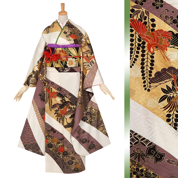 振袖：R810 【訳あり】白 吉祥花紋に鶴松☆(絹)(宅)│ 振袖レンタル