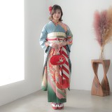 振袖：R827 水色 熨斗に松梅☆(絹)│ 振袖レンタル │ 京都着物
