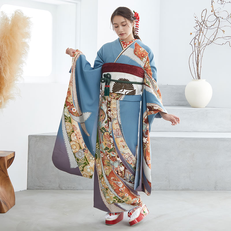 振袖：R829 水色 大熨斗目☆(絹)│ 振袖レンタル │ 京都着物レンタル夢館