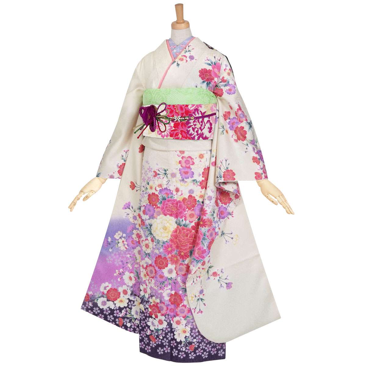 振袖：R856 白 枝垂桜に牡丹☆(絹)(宅)│ 振袖レンタル │ 京都着物