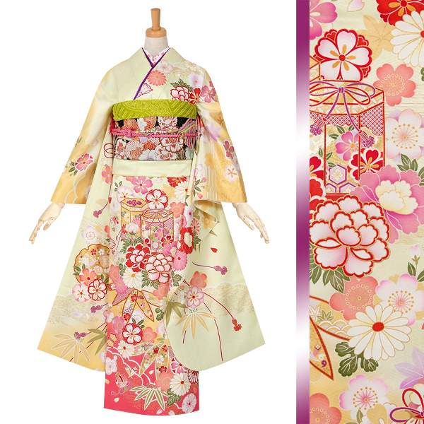 振袖：R873 黄 吉祥菊牡丹に貝桶(絹)│ 振袖レンタル │ 京都着物