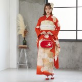 華麗で素敵なお振り袖　正絹 振袖：R876 朱色 絢爛菊華☆(絹)│ 振袖レンタル │ 京都着物レンタル夢館