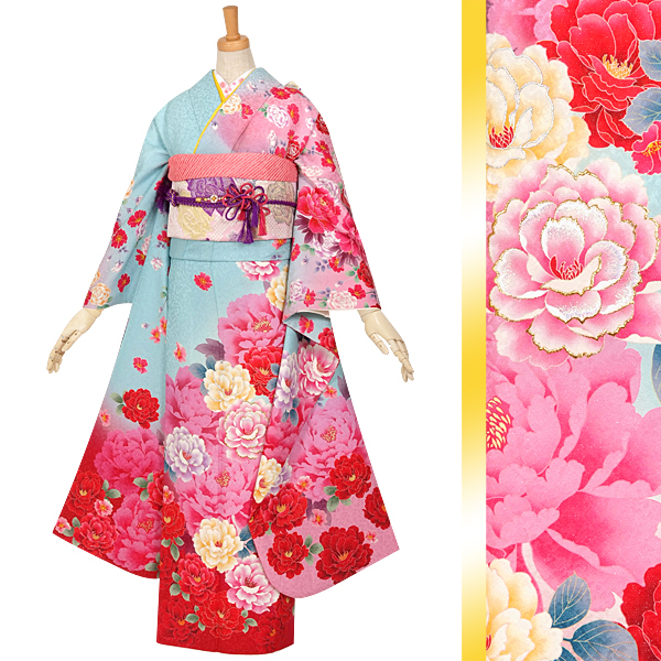 訪問着　ピンク　グリーン　紫　茶　白　鴛鴦　花　B1190 訪問着：H476 ジャパンスタイル ピンク 牡丹と百合| 訪問着レンタル