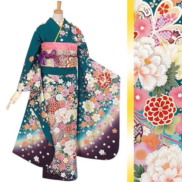 新品 薄手 軽いお振袖 総花柄 ６点セット 振袖セット 黄緑系 几帳 桜 牡丹 菊 松 雲取り 花 絵羽柄 絹 西陣織