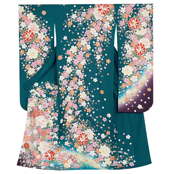 振袖：R921 【訳あり】グリーン 鞠と桜牡丹☆(絹)│ 振袖レンタル