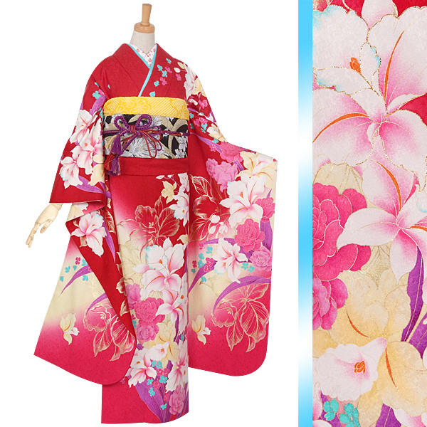 振袖：R937 【訳あり】赤 薔薇とカトレア☆(絹)│ 振袖レンタル 