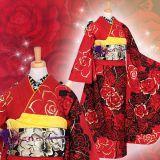 正絹振袖/紅型風15点セット 振袖：R940 赤黒 薔薇と蝶☆(絹)│ 振袖レンタル │ 京都着物レンタル夢館
