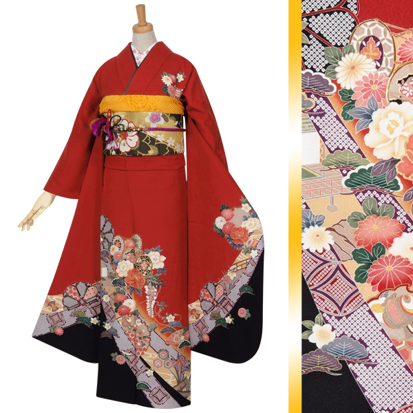 振袖：R961 赤 鼓に菊花☆(絹)│ 振袖レンタル │ 京都着物レンタル夢館