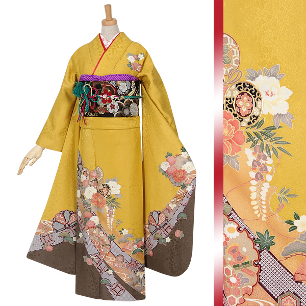 ⭐︎K0813 美品 正絹 振袖 レンタル店放出品 ガード加工 花柄 黄色 11号 振袖：R963 黄 鼓に菊花☆(絹)│ 振袖レンタル │ 京都着物レンタル夢館