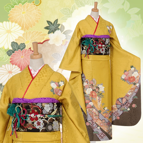 正絹　振袖　単品 振袖：R963 黄 鼓に菊花☆(絹)│ 振袖レンタル │ 京都着物レンタル夢館