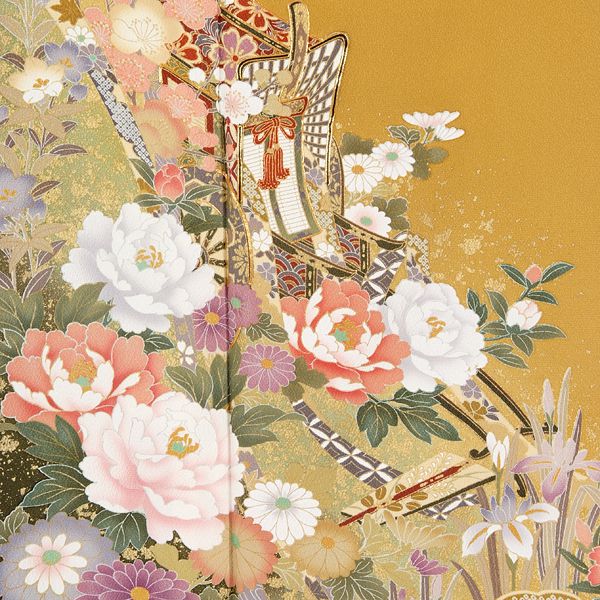 振袖：R964 金茶 御所車に四季の花☆(絹)│ 振袖レンタル │ 京都着物