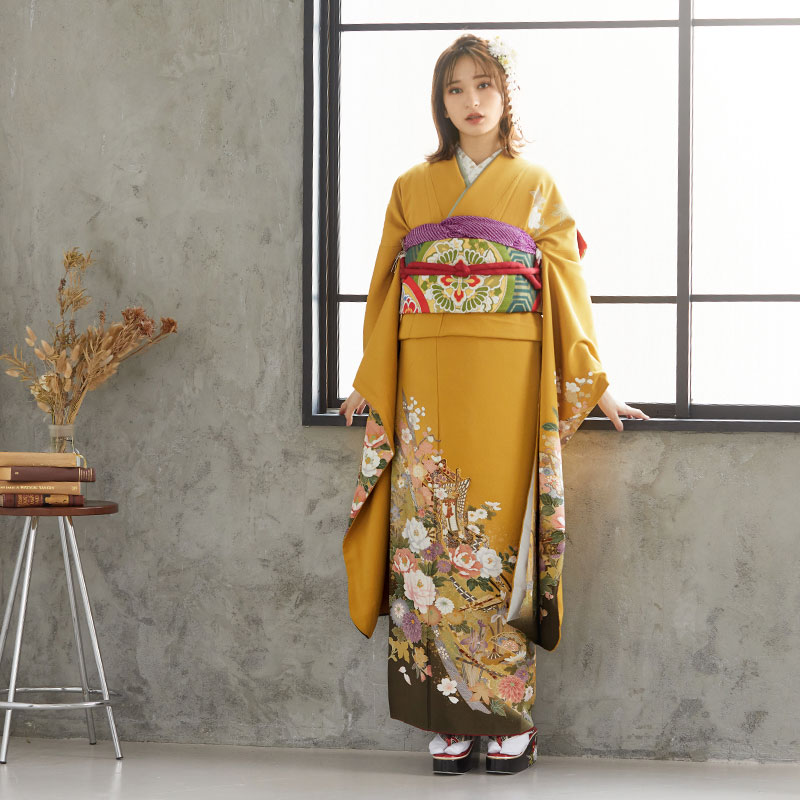 振袖：R964 金茶 御所車に四季の花☆(絹)│ 振袖レンタル │ 京都着物