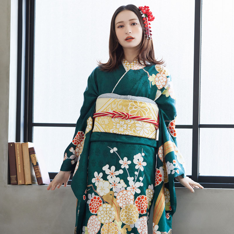KA51】女形 振袖 緑 彼岸花 刺繍 着物 大衆演劇（華徒然×吉木