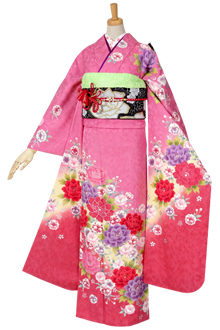 振袖：R1388 ピンク 牡丹と八重桜☆(絹)(宅)│ 振袖レンタル │ 京都