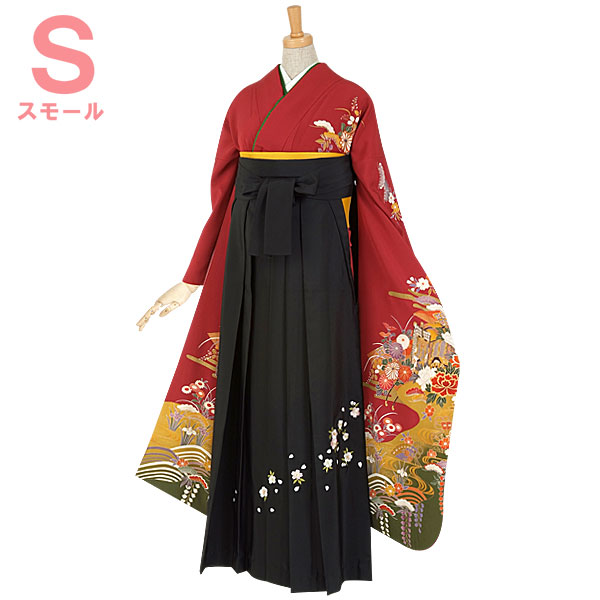 振袖袴： R044 エンジ 四季文☆(絹)(s)│ 袴レンタル │ 京都着物