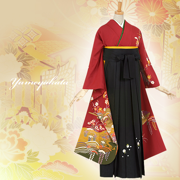 振袖袴： R044 エンジ 四季文☆(絹)(s)│ 袴レンタル │ 京都着物