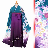 振袖袴： R080 【訳あり】青緑ラメ 枝垂桜☆(絹)│ 袴レンタル │ 京都