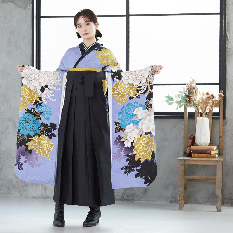 振袖袴：MURUA R1079 藤紫 牡丹に八重桜(絹)│ 袴レンタル │ 京都着物