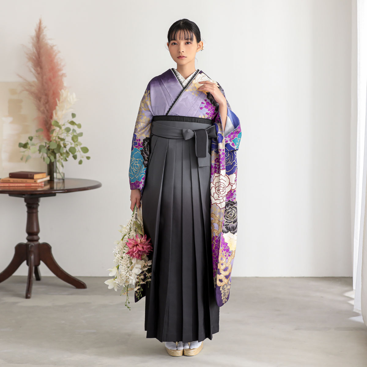 振袖袴：MURUA R1080 藤紫 薔薇と桜☆(絹)│ 袴レンタル │ 京都着物