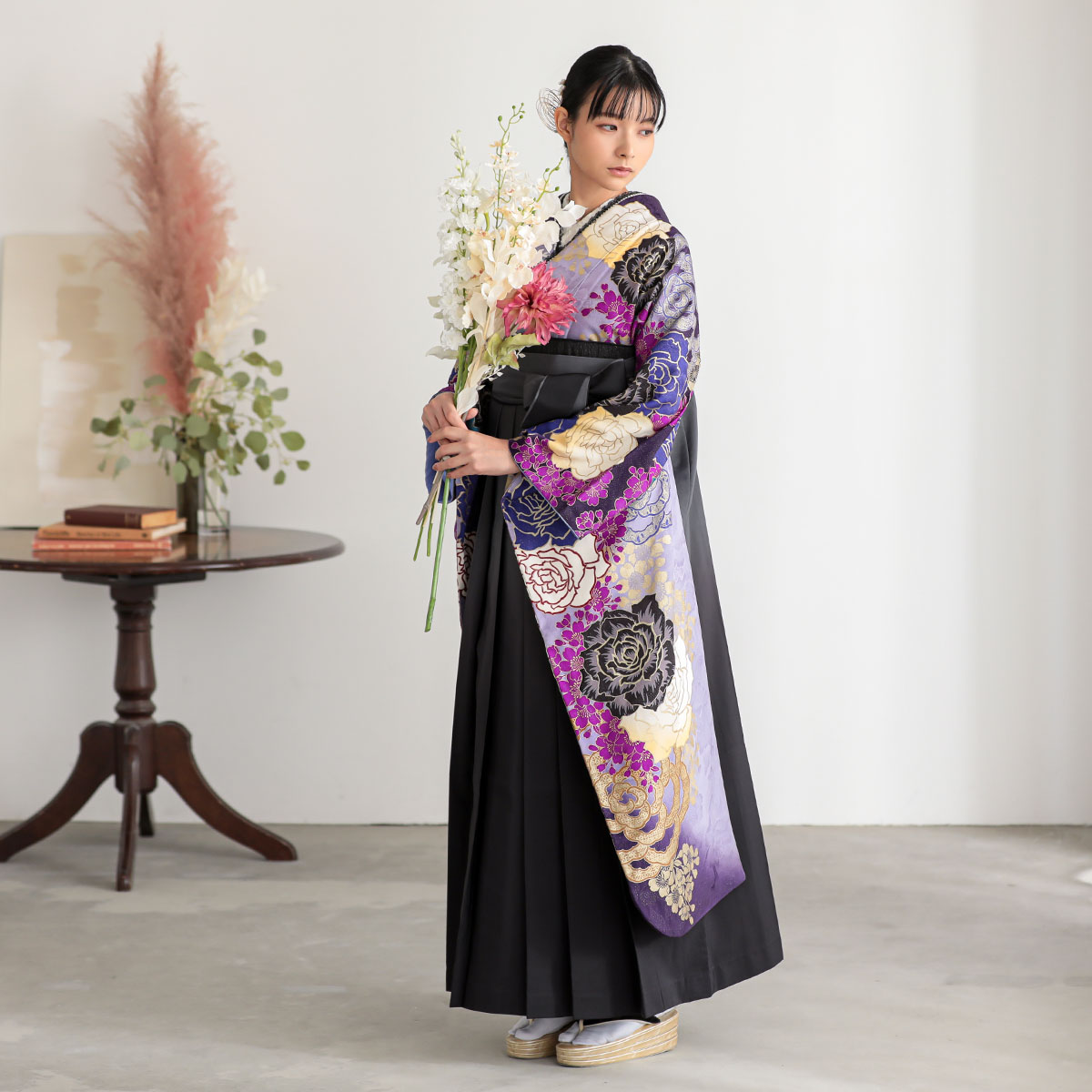振袖袴：MURUA R1080 藤紫 薔薇と桜☆(絹)│ 袴レンタル │ 京都着物