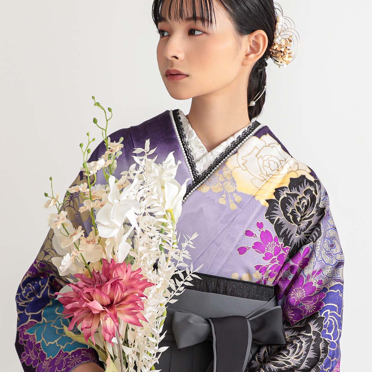 振袖袴：MURUA R1080 藤紫 薔薇と桜☆(絹)│ 袴レンタル │ 京都着物