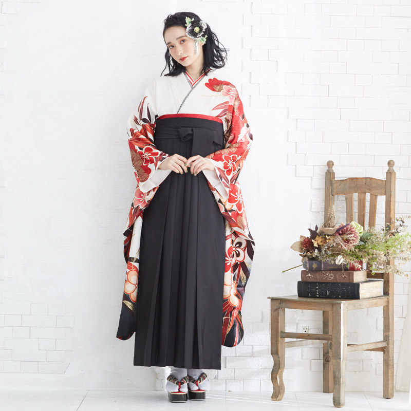 振袖袴： R1084 白 松竹梅☆(絹)│ 袴レンタル │ 京都着物レンタル夢館