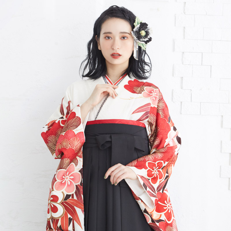 振袖袴： R1084 白 松竹梅☆(絹)│ 袴レンタル │ 京都着物レンタル夢館